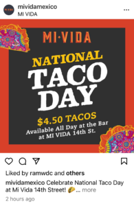 Mi Vida National Taco Day Instagram